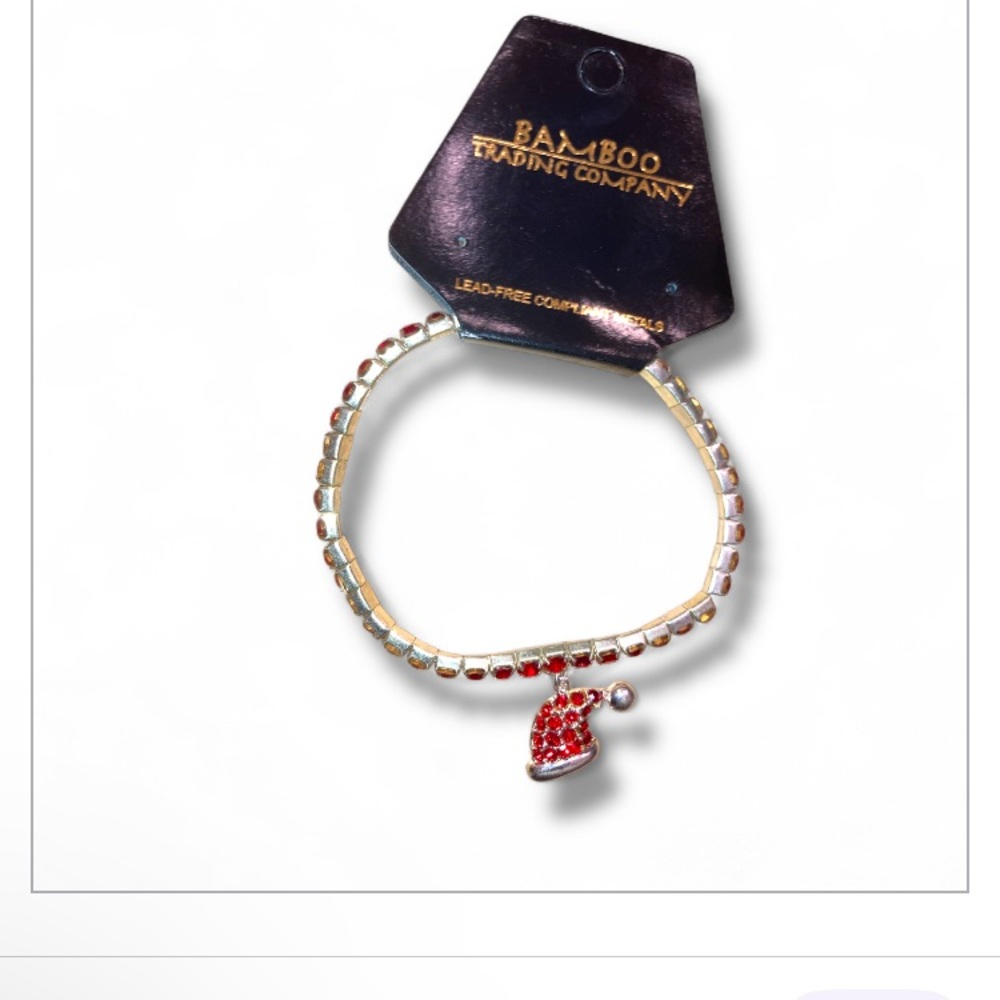Bamboo Trading Company  Red Crystal Stretch Bracelet With Santa Hat Charm  NWT